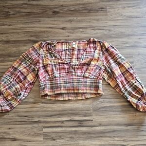 Plaid V-Neck Cropped Blouse
